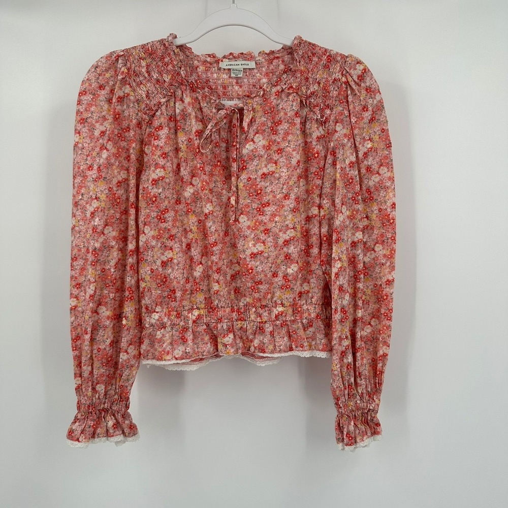 American Eagle Womens Boho Floral Smocked Top Size XS Coquette Romantic Peasant